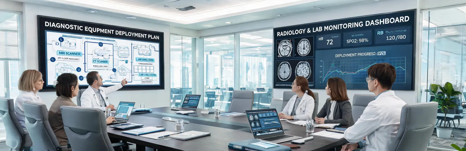 Clinical technology team reviewing hospital imaging and monitoring deployment
