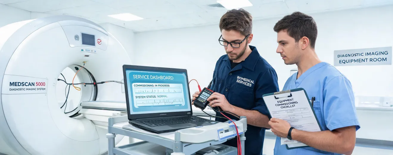 Field service engineer commissioning diagnostic equipment